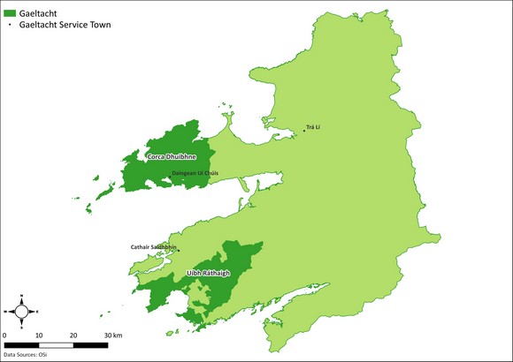 Gaeltacht areas and Gaeltacht Service Towns Map