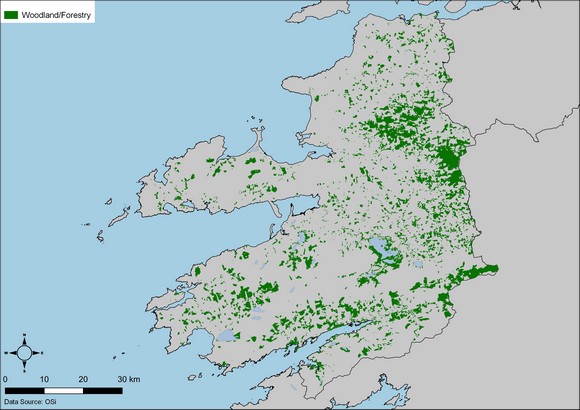 Forests/woodlands in the county map